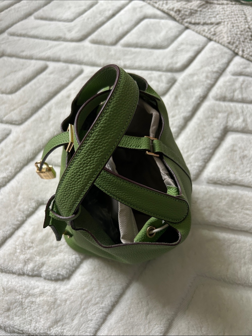 Green Leather Bucket Bag with Gold Hardware